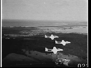 De Havilland Vampire jet trainers of 79 Squadron over N...