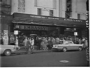 Exterior of Embassy Theatre with audience for the film ...