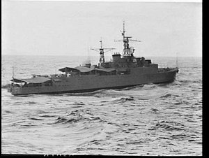 HMAS Queenborough at sea off Malaya on a Commonwealth e...