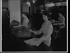 Women staff using Friden calculating machines at the Ru...