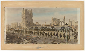 Item 073: All that is left of the long wall of the Cloth Hall, Ypres [ca. 1920 photographic print of original taken ca. 1917] / photograph by Frank Hurley, produced by Colart's Studios, Melbourne