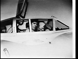 Pilot in Vampire fighter jet at Amberley Air Force Base...