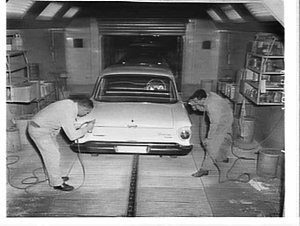 Spray painting Ford Falcon on the assembly line with CI...