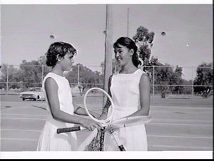 Tennis champion Evonne Goolagong, later Cawley, at the courts in her home town of Barellan during the Shell RAS tour for journalists for the Royal Easter Show (to show them rural life)