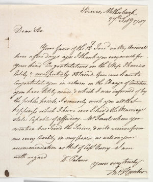 Item 06: Letter received by Captain Palmer from John Hunter, 27 February 1787. Probably forwarded to the Fowell family.