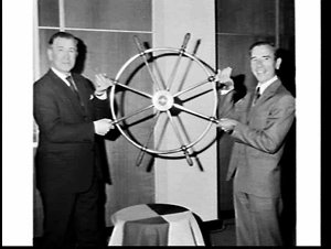 P. & O. Line presents the ship's wheel from the liner Himalaya to World Travel Headquarters