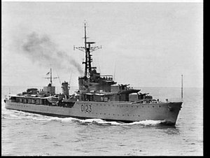 HMAS Warramunga at sea off Malaya on a Commonwealth exe...