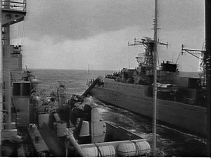 HMNZS Royalist exercises at sea with HMAS Queenborough