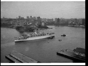Last sailing of the liner Oronsay from wharf no. 13 Pyrmont photographed from the MSB Tower, Millers Point