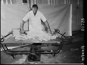 Shearing a sheep on a Lister Blackstone shearing table