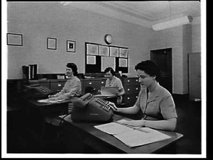 Women staff using Friden calculating machines at the Ru...