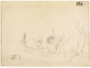 [Pinnace and boat firing on native canoes with figure s...