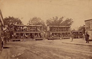 Motor and double-deck cars, Market Street, 1879