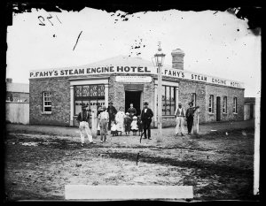 Family group outside Patrick Fahy's Steam Engine Hotel,...