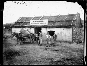 Colonial Produce store and cart loaded with goods, Hill...