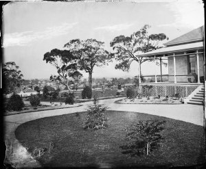 Garden and veranda of mansion from which panorama of So...