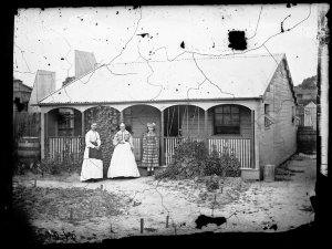 Weatherboard house, women and girl, Hill End