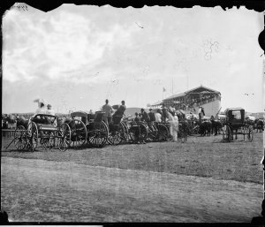 Hansom cabs and buggies view the race, Randwick Racecou...