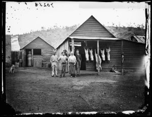 Butchers shop with carcases displayed, Hill End