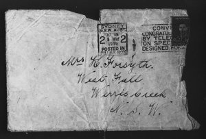 Envelope addressed to Mrs K. Forsyth, West Fall, Werris...