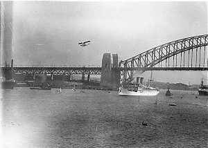 DH Puss Moth flies over the Bridge and liner "Nieuw Zee...