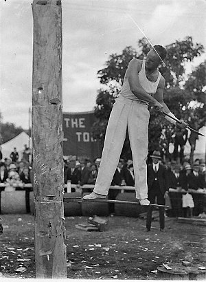 McCarthy, new champion, woodchop, Royal Easter Show, 19...