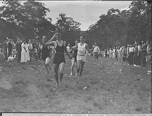 Men in bathers running in a race, Australian Paper Mill...