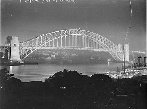 Night picture of Harbour Bridge; Orient Co ship "Oronte...