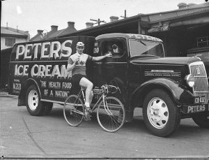 Cyclist Hubert Opperman poses for advertising at Peters...
