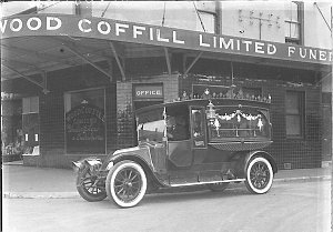 A 1919 model Renault hearse at Wood Coffill's Parlours
