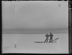 Q295: Harrisson on floe ice with sledge fitted for lowe...