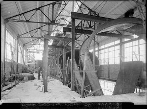 Interior of Lever factory showing building of a vat (?)