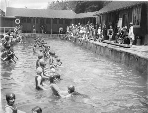 Crowds of children learning to swim