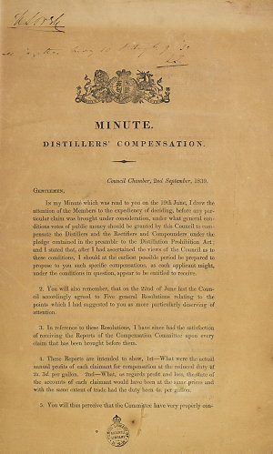 Minute : Distillers' compensation / by John Franklin.