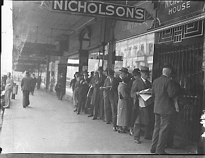 Queue at Nicholson's for tickets to Yehudi Menuhin conc...