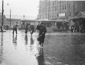 Dreary city scene in pouring rain