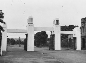Ornamental archway erected over Government House gates ...