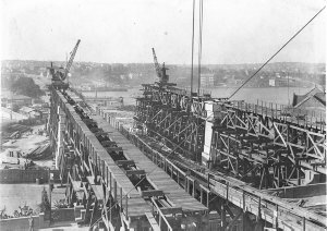 Gantries erected to support the first steelwork of sout...