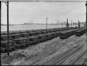 Pile up of coal trucks, owing to wharf strike