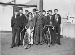 Group of schoolboys with bicycles (Dunlop cyclists)