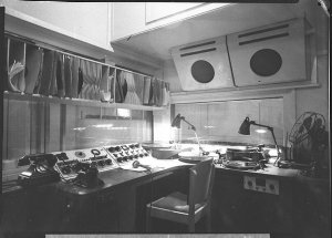 The control room; four turntables, two telephones, micr...