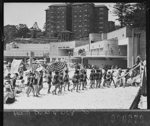 Manly Beach, showing the new surfing pavilion in backgr...