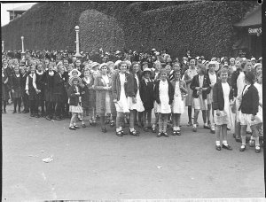 Schoolchildren at Showground, at display for Coronation