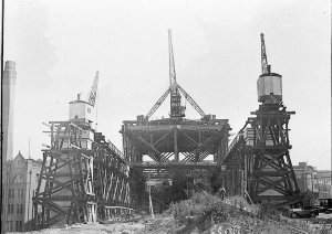 Gantries erected to support the first steelwork of sout...