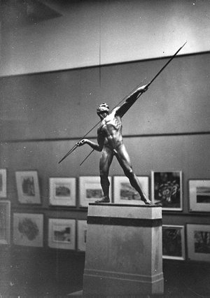 Sculpture of an Aboriginal with a woomera and spear