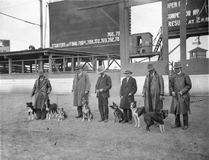 Six sheepdog owners with their entries for the trials. ...