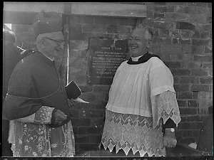 Laying foundation stone of Tighes Hill Catholic Church by the Bishop of Maitland, Right Reverend E Gleeson