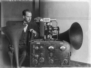 Charles Ward, sound engineer, fitting the sound-head to...
