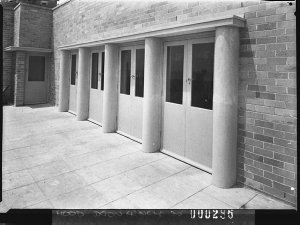 Exterior, showing the four large entry doors, Manly sur...