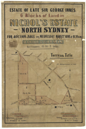 Estate of late Sir George Innes [cartographic material] : 6 blocks of land in Nichol's Estate, North Sydney, for auction sale on Wednesday, March 23rd, 1898 at 11.30 a.m., Torrens title / [by] Hardie and Gorman auctioneers, 13 Pitt St., Sydney ; Atchison & Schleicher, licensed surveyors.